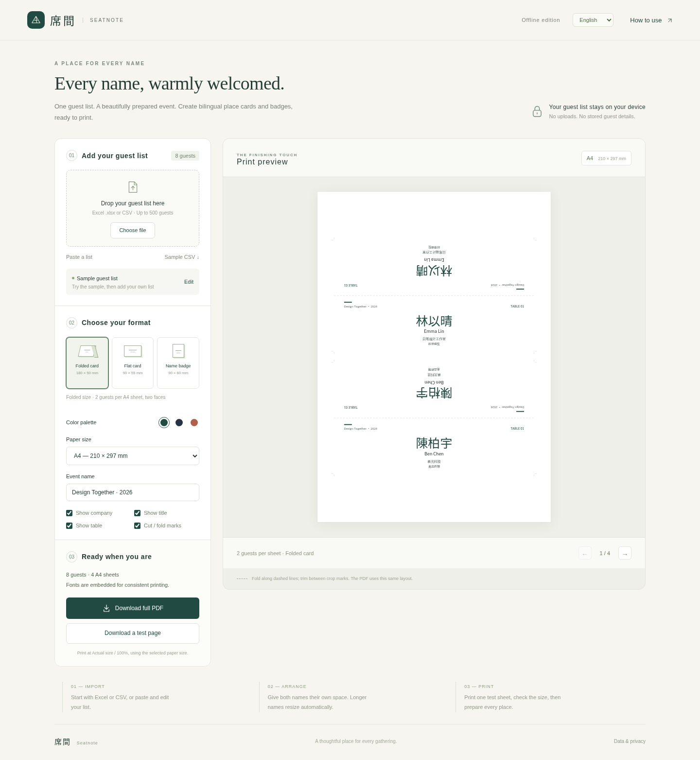Actual Seatnote desktop interface: import a guest list, choose a card format, and preview bilingual folded place cards.